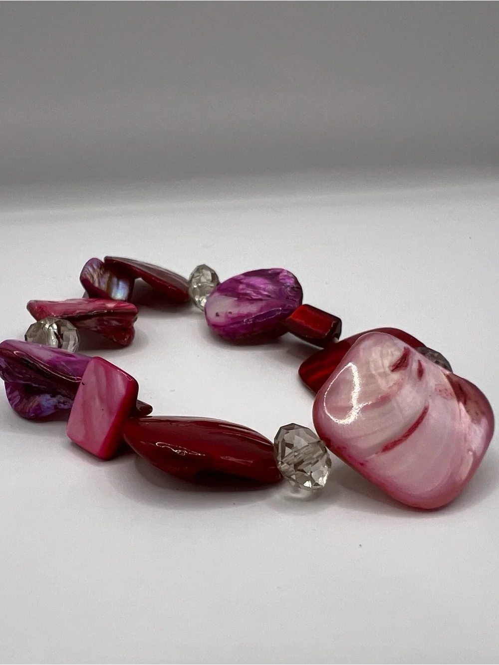 Vintage Pink Red Mother of Pearl Shell Nugget Stretch Bracelet